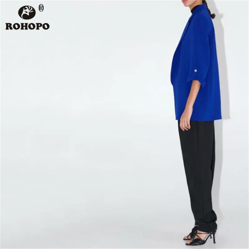 ROHOPO Women Draped Button Cuff Sleeve Blazer Blue Notched Collar Straight Outwears Office Ladies Casual Chaqueta #BM2215