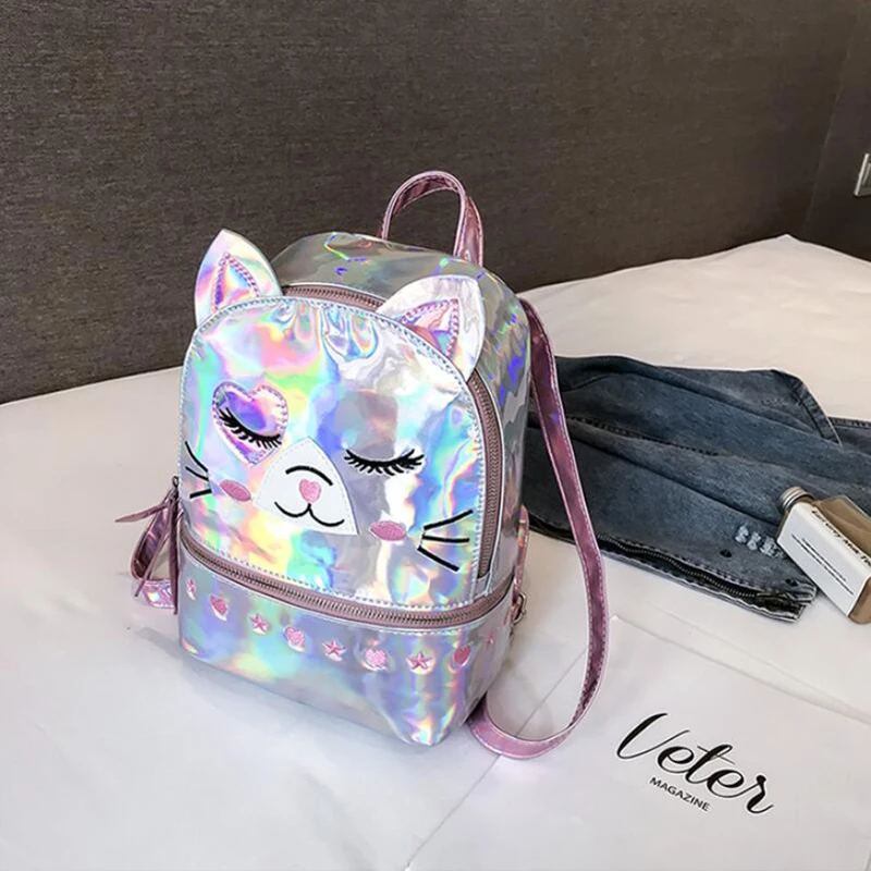 Yogodlns Милая кошка Mochila Mujer лазерный голографический рюкзак женский маленький мини рюкзак для девочек Школьный Рюкзак PU дорожные сумки