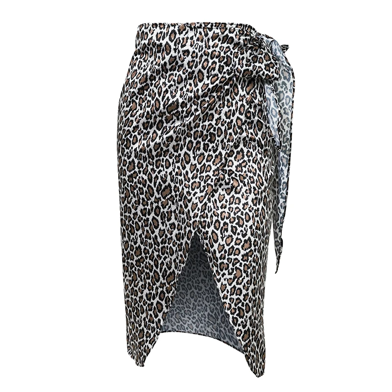 Элегантная сатиновая юбка с разрезом, высокая талия, женские юбки, Леопардовый принт, высокая мода, юбка с бантом, шикарная трендовая Асимметричная юбка - Цвет: silver leopard