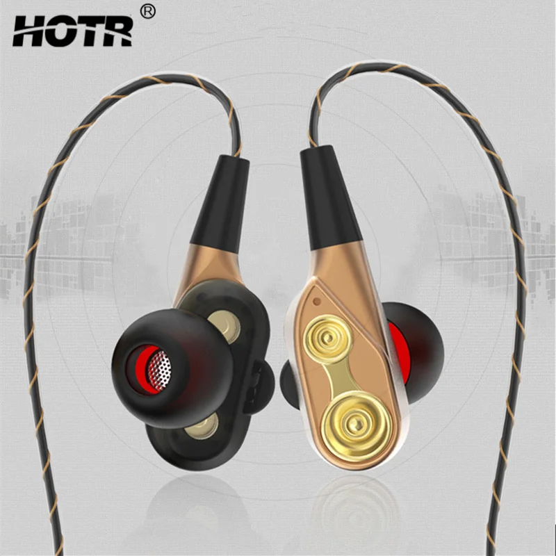 

HOTR Double Dynamic Wired Earphone with Microphone 3D Stereo Good Sound Quality Earpiece Sport Music Earbuds 3.5mm Gold Plug