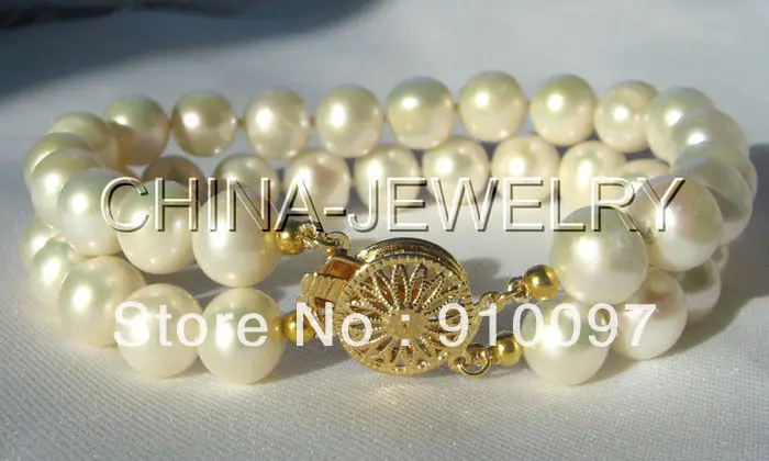 

shipping >>>Beautiful double strand 8-9mm white round freshwater pearl bracelet-GP clasp