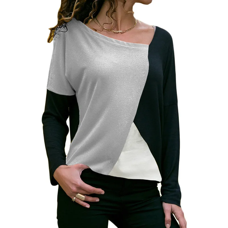 New T Shirt Women Fashion Patchwork Color Block Shirt Leisure Long Sleeve Top Cotton Casual Loose T-Shirt Ladies Office Top - Цвет: Gray Black