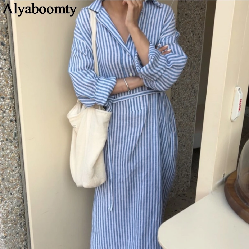 

Korean Style Spring Autumn Women Shirt Dress Vintage Oversized Casual Loose Vestidos Longo Blue Striped Cotton Linen Long Dress