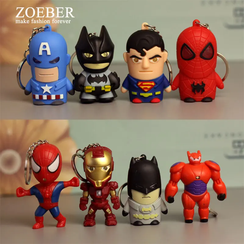 

8 Pcs/set Iron Man Batman Spiderman Avengers Super Hero LED Cartoon KeychainSound and Light doll Key Ring Gift Kids Toys