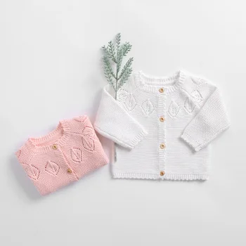 

Baby Girls Leaves Knitting Sweater Cardigan Jacket Sweet Leaf Outwears Children White Pink Color Clothes