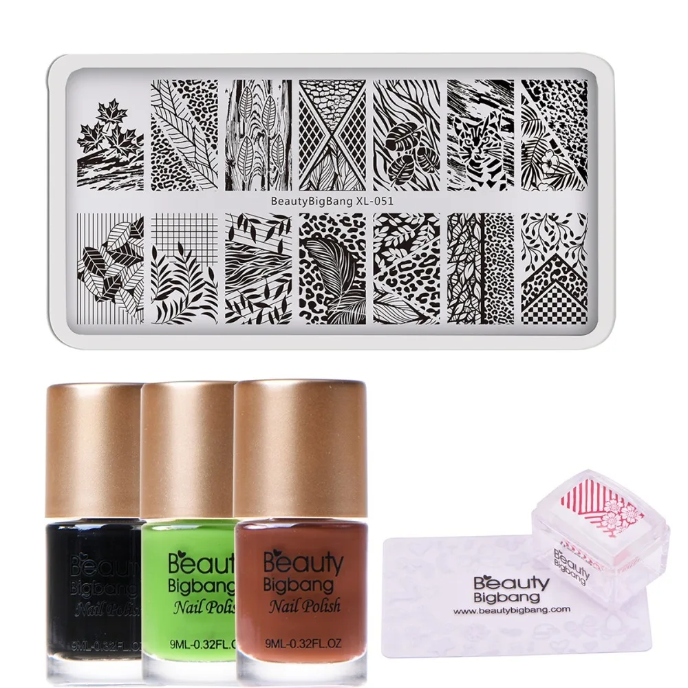 

BeautyBigBang 6Pcs/Set Nail Stamping Starter Leaf Pattern Nail Stamping Plates with Clear Jelly Stamper Nail Stamping Polishes