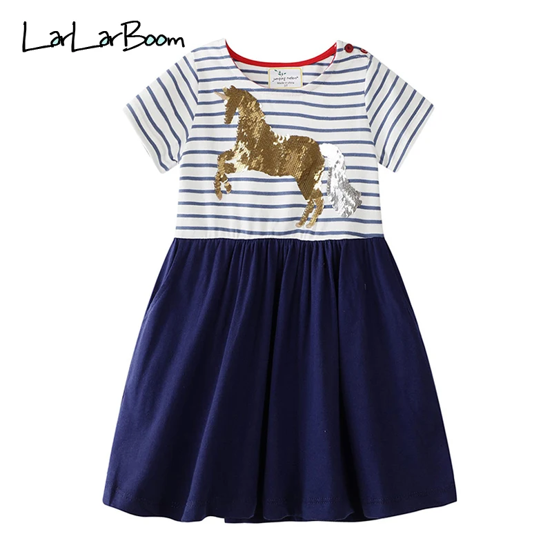

LarLarBoom Girls Dress European and American Style Summer Children's Clothing Sequins Horse Pattern Kids Striped Dresses