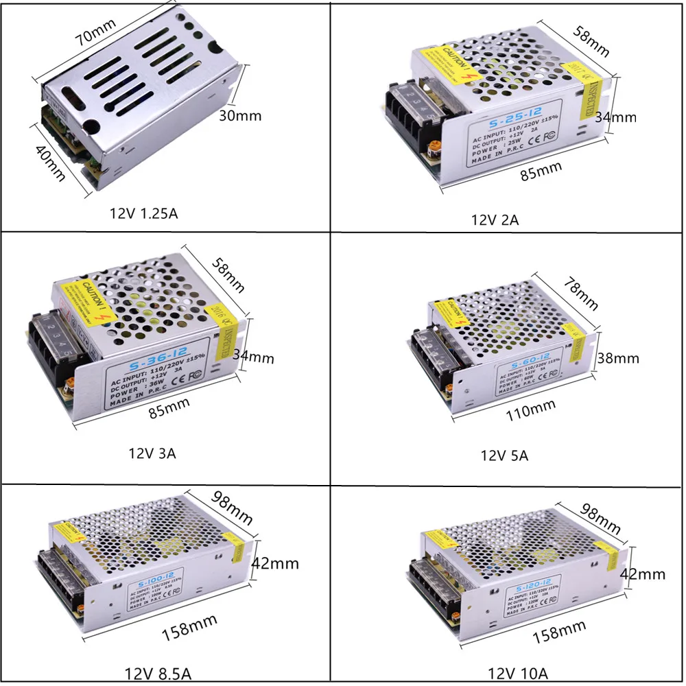 12V переключатель светодиодный Питание трансформатор 1.25A/2A/3A/5A/8.5A/10A/15A/20A/30A драйвер 15W 25W 36W 60W 100W 120W 150W 250W 360W