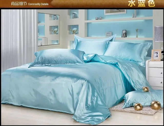 luxury aqua blue satin silk bedding set queen full twin quilt duvet satin or silk sheets