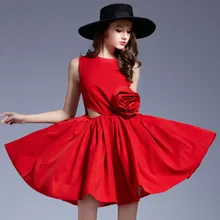3d flor roja vestidos de partido de coctel color sólido ahueca hacia fuera sin mangas mujeres dress vestidos femme 2017 verano vestido de tirantes