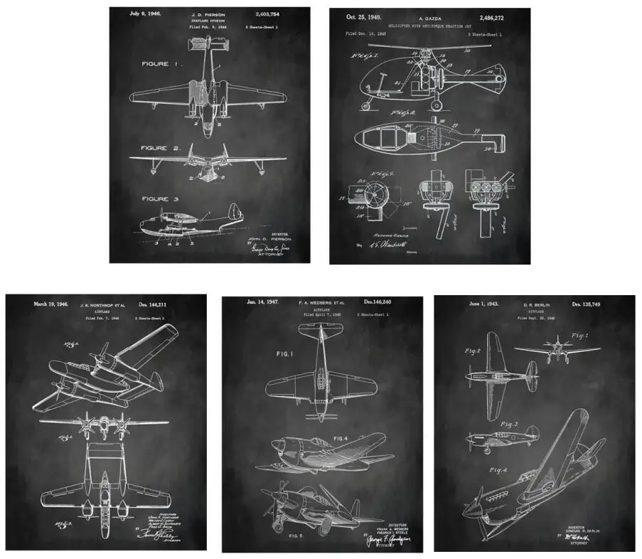 Винтажный запатентованный арт G2 Второй мировой войны самолет постер наборы 5 в 1 самолет детский самолет стены искусства классический самолет