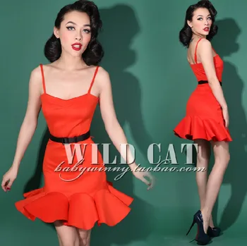 

Women's Thicken Stretch Cotton Sexy Orange Red Slim Trumpet / Mermaid Ruffled Spaghetti Strap Dress