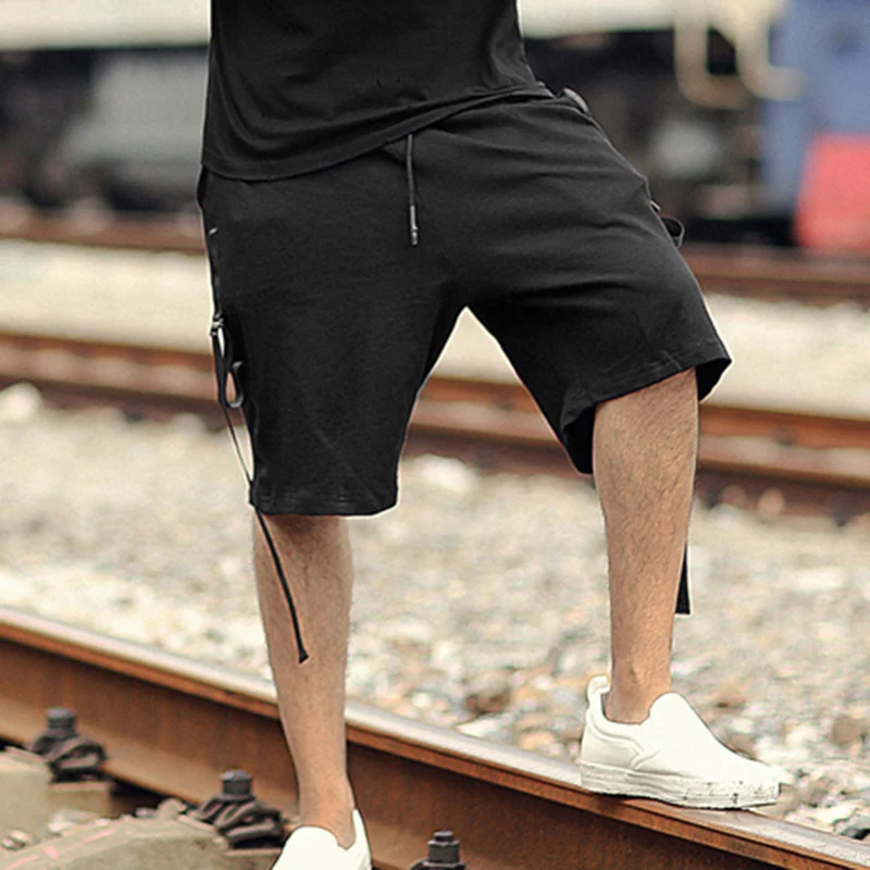 Летние Повседневное Для мужчин свободные черная хлопковая лента украшение Elasticed талии доски Шорты Для мужчин Твердые европейский Стиль Шорты K703