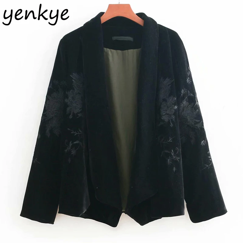 Women Vintage Black Embroidery Velvet Jacket Female V Neck Long Sleeve