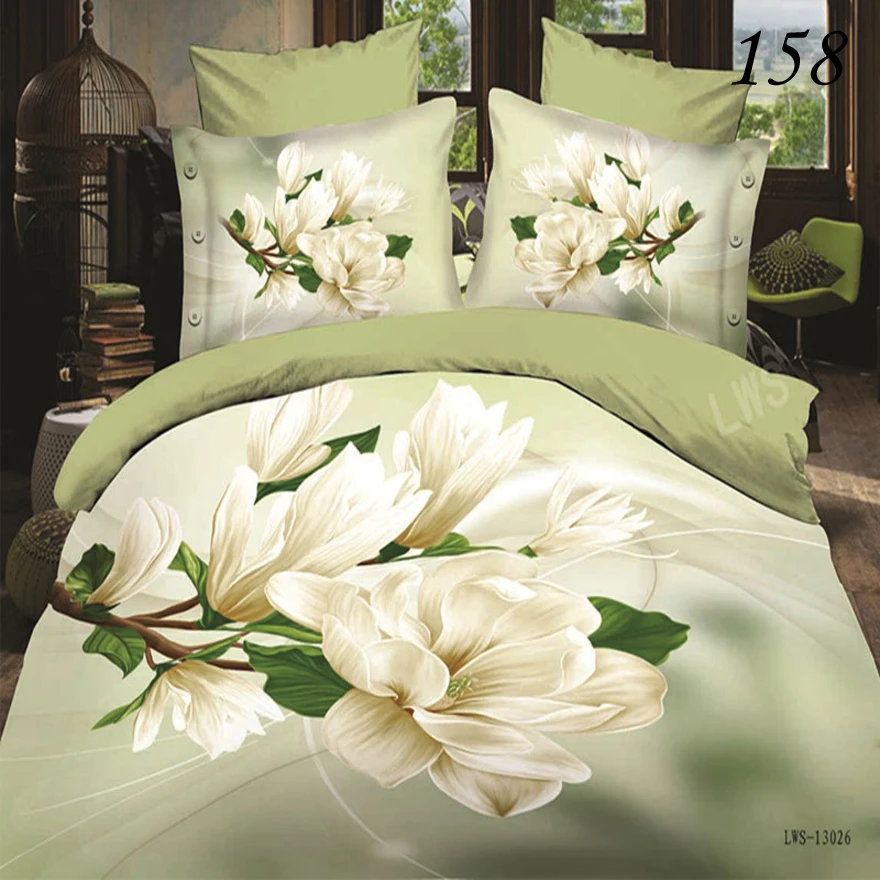 Green White Flower 3D Polyester 4Pcs Bedding Sets Bedclothes Bed Linens