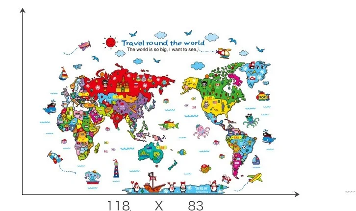 Карта мира Наклейка на стену s для детской комнаты декорация Переводные картинки для дома ПВХ бумага мультфильм образование Фреска художественные плакаты новая наклейка с изображением самолета