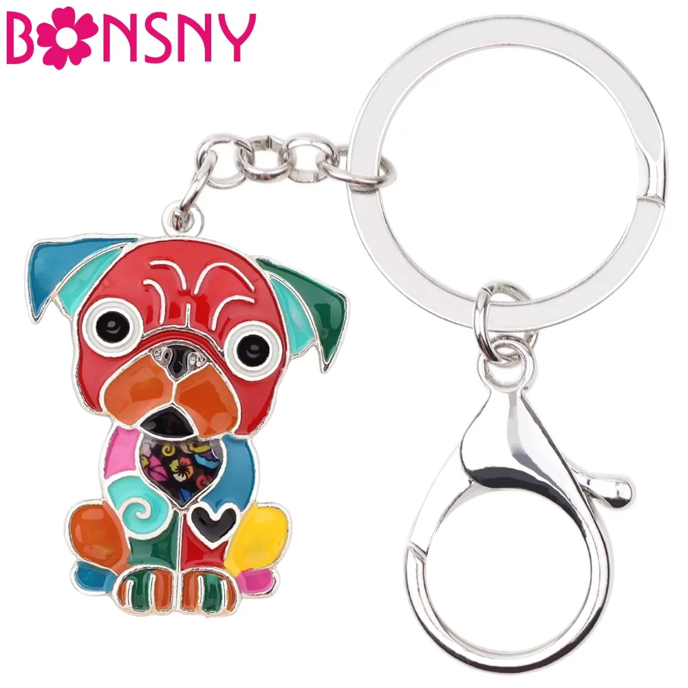 

Bonsny Metal Enamel Sitting French Bulldog Pug Dog Key Chains Keychain Keyrings Jewelry For Women Girls Pendant Bag Car Charms