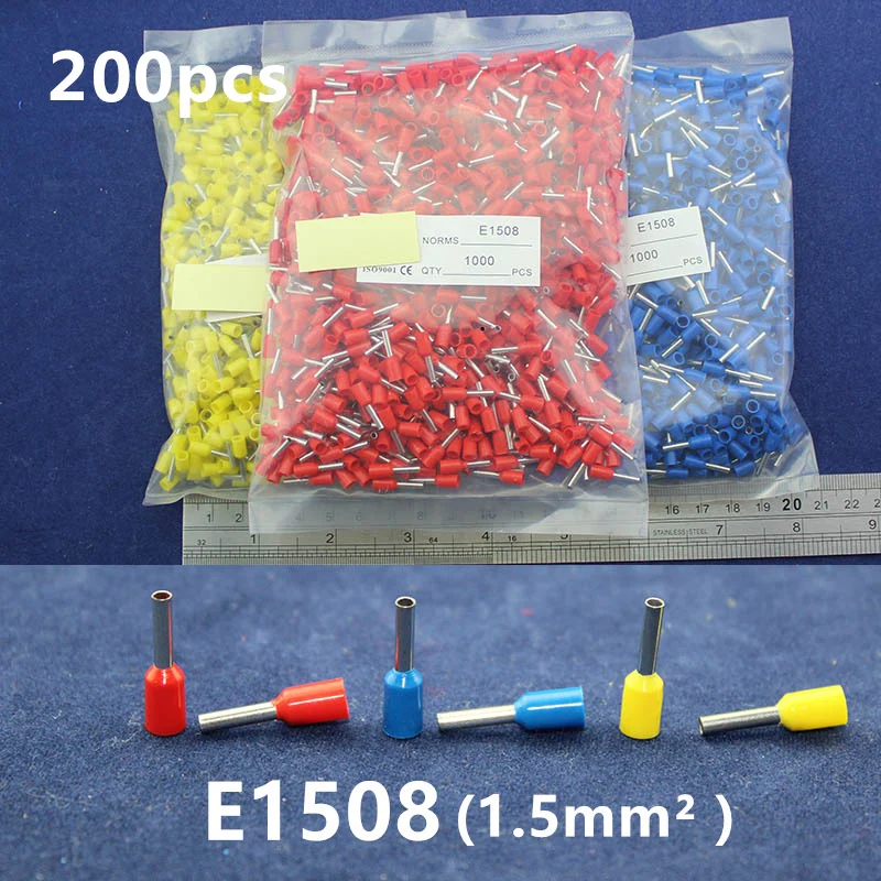 

200Pcs Cord End Copper Tube Connectors Insulated Cord Pin End Crimp Terminals Bootlace Ferrules E1508 for 18-16awg wire