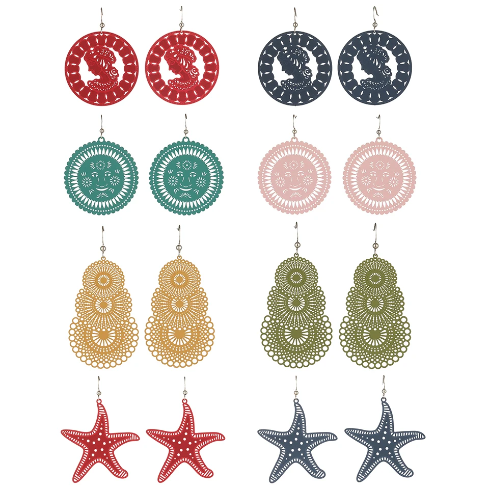 

4 Style Unique Hollow Computer Slice Drop Earrings for Women Girls Jewelry Colorful Sea star Sun smile Geometric Shape Earring