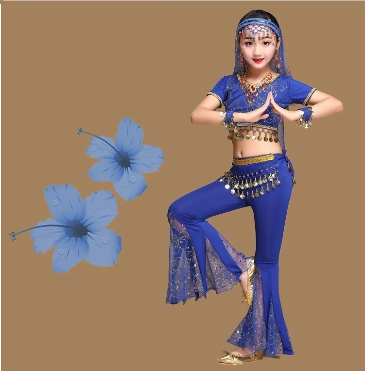 Набор костюма для танца живота Восточный Болливуд танцевальный костюм s для детей топ брюки для девочек детское платье индийский детский танцевальный костюм - Цвет: Blue 5pcs