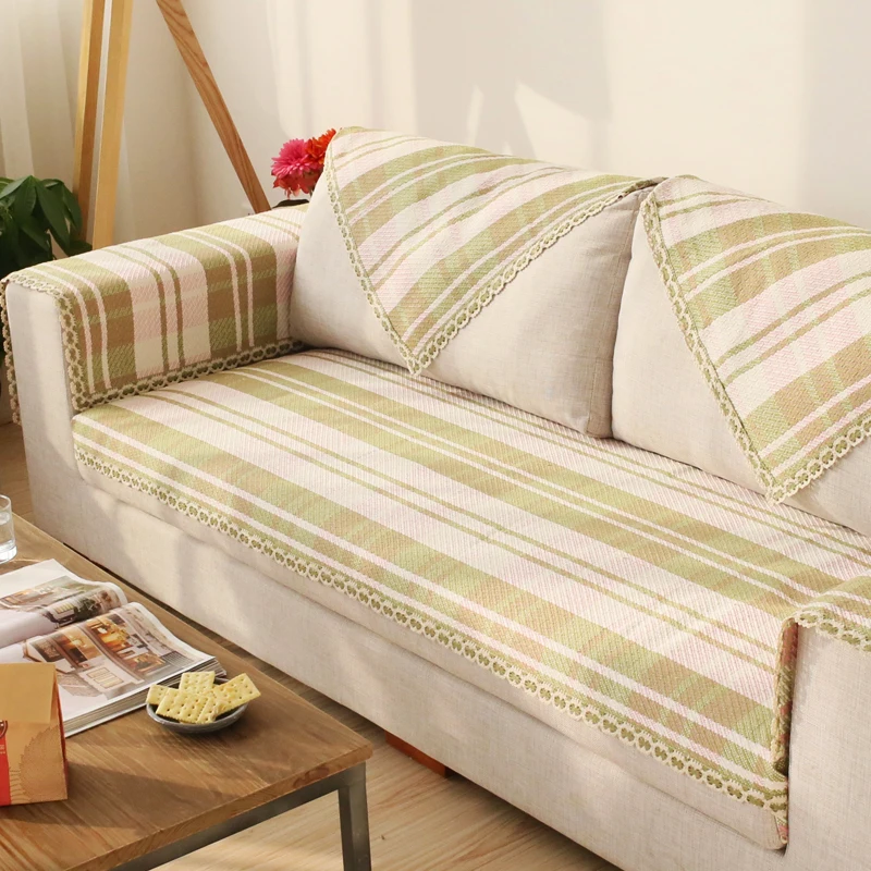 90cm Cotton Sofa Towel Green Plaid Sectinal Sofa Cover Anti slip Double