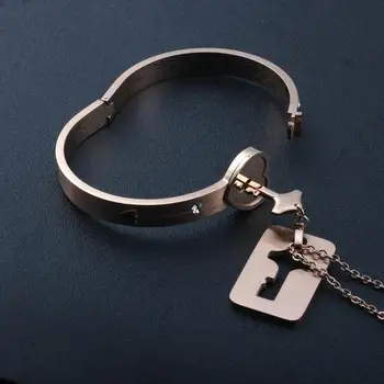 

ZG A Set Lover Necklaces Fashion Bangle Pendants Cupid Forever Love Heart Lock Key Couple Bracelet Stainless Steel Jewelry