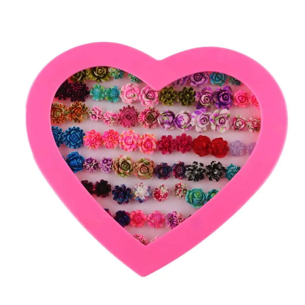 36 Pairs Women Girl Kid Different Colorful Shape Stud Earrings Birthday Valentine Party Gift with Heart Organizer Box