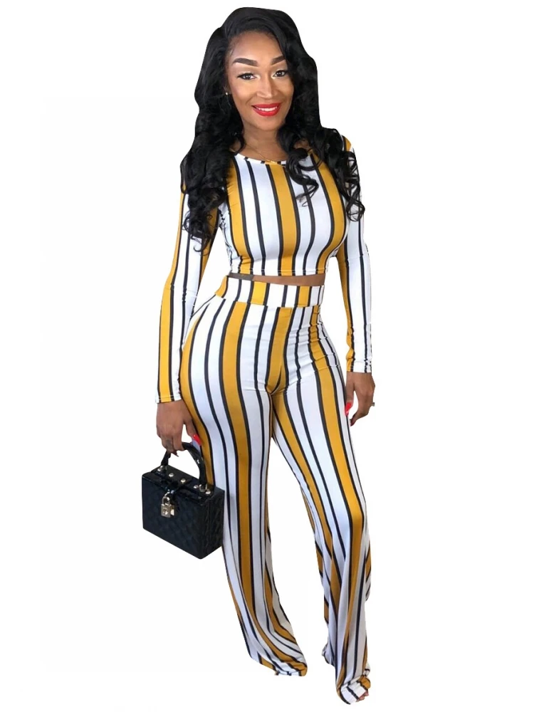 

Sexy 2 two piece set top and pants autumn outfits tracksuit women long sleeve wide leg pants striped print ensemble femme