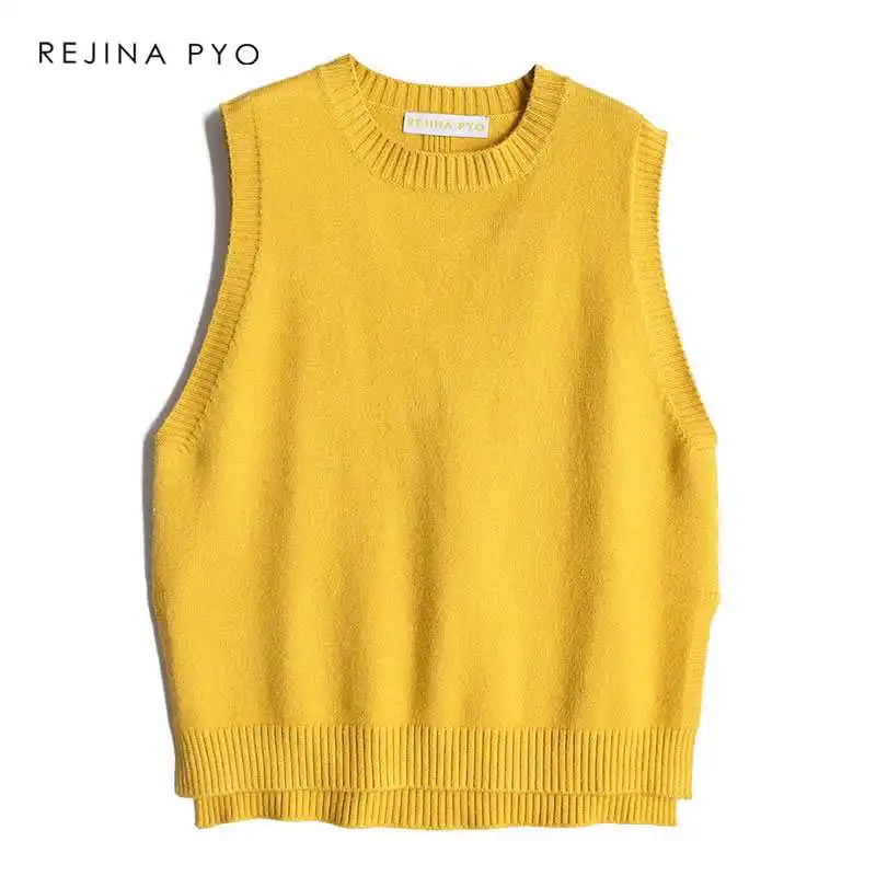 REJINAPYO, 4 цвета, женский свободный однотонный вязаный свитер без рукавов с круглым вырезом, Женский Повседневный свитер с разрезом по бокам, пуловер, высокое качество - Цвет: Цвет: желтый