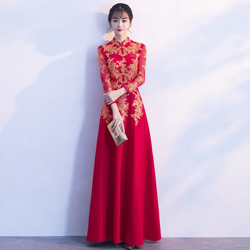 Невесты тосты одежда красный китайский женский Свадебная вечеринка платье традиционные длинное Ципао большой Размеры 3XL новинка тонкий