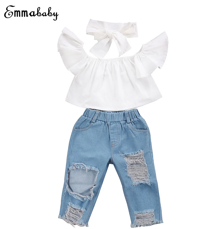 

Fashion Toddler Girls Kids Off Shoulder Ruffles Blouse Tops Denim Pants Jeans Headband Clothes 3pcs Outfits Set Girls Clothing