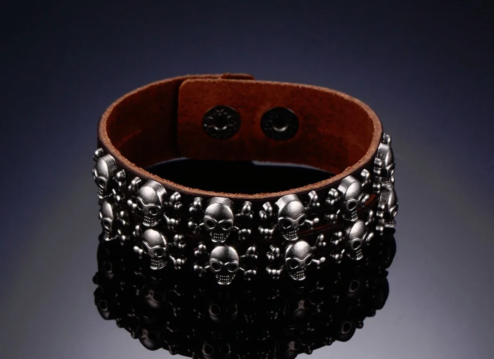 Mens Womens Punk Leather Bracelets 2 Row Skull Head Crossbone Heavily Metal Style Wristband Cuff Bracelet Men Hiphop Adjustable Jewelry 19