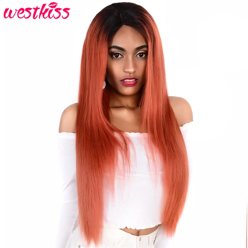 West Kiss Orange Wig Dark Roots Colored Straight Ombre Human Hair Wig