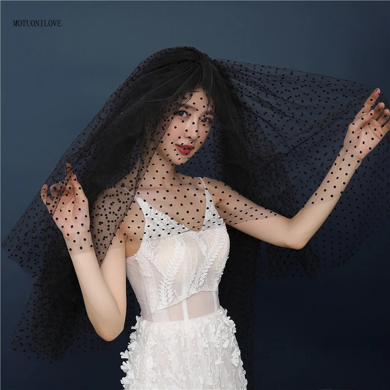 

Black Short Bridal Veils Length to Hip Two Layer Two Wearing Methods Dot Mesh Wedding Veils For Bride China Factory Direct Sales