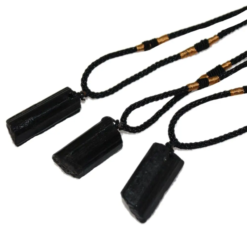 

Men Women Black simulated Tourmaline Stone Pendant Necklace Rope Chain Crystal Necklace Specimen Party Jewelry Gift