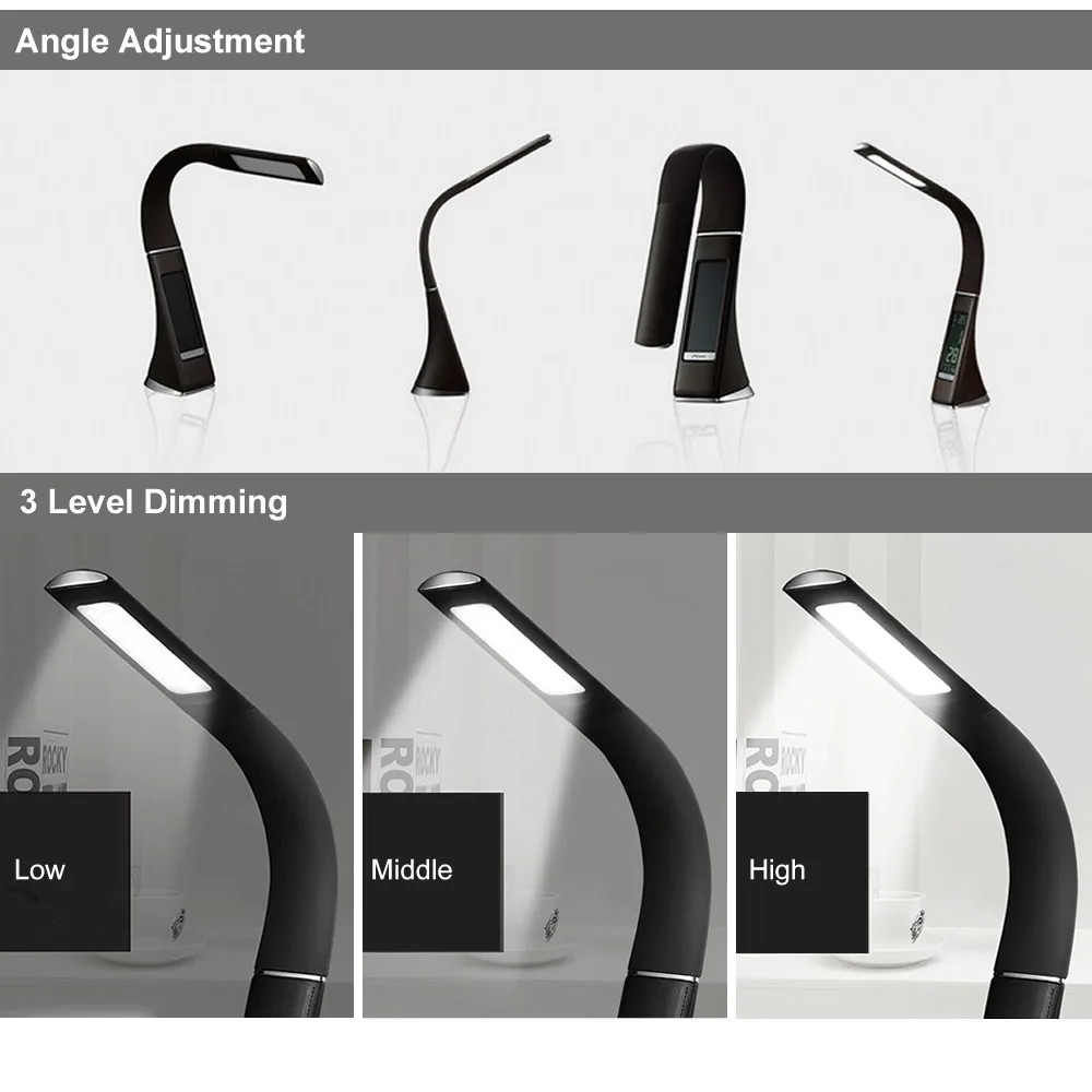 Креативный деловой светодиодный настольный светильник, 3 режима подсветки, кожаная текстура, Складная Настольная лампа для чтения с будильником, календарем, ЖК-дисплеем