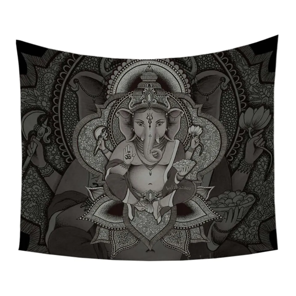 Billige Brizbazaar Wandteppich Hängen Boho Elefanten Blatt Gott Tagesdecken Ethnische Symbol Wand Kunst Schwarz Grau Wohnkultur