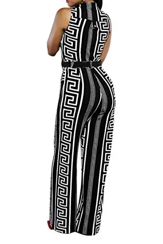 

Pink Queen Womens Button Up Printed Long Wide Leg Pant Party Jumpsuits with Belt