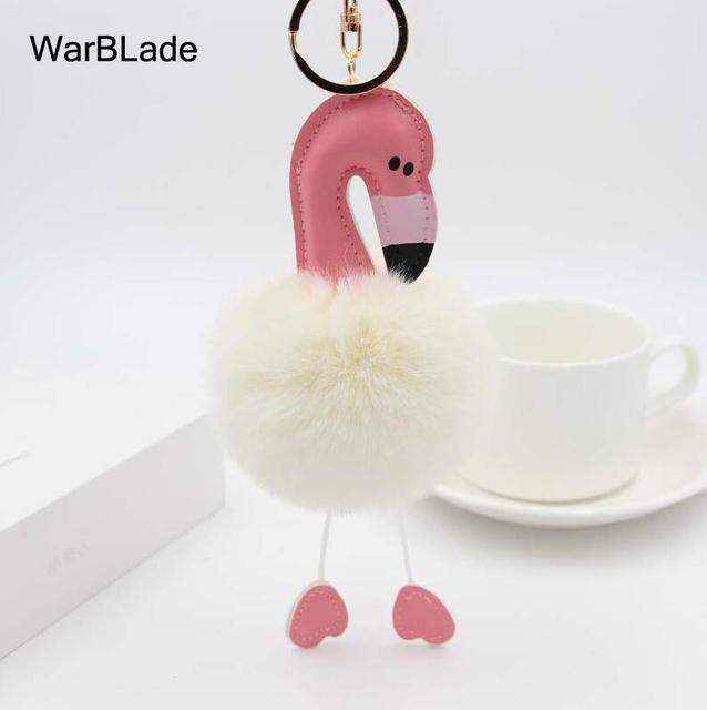New Flamingo Pompom Keychain Fluffy Fake Rabbit Fur Ball Key Chain Porte clef Women Car Bag pompon Key Ring Accessories