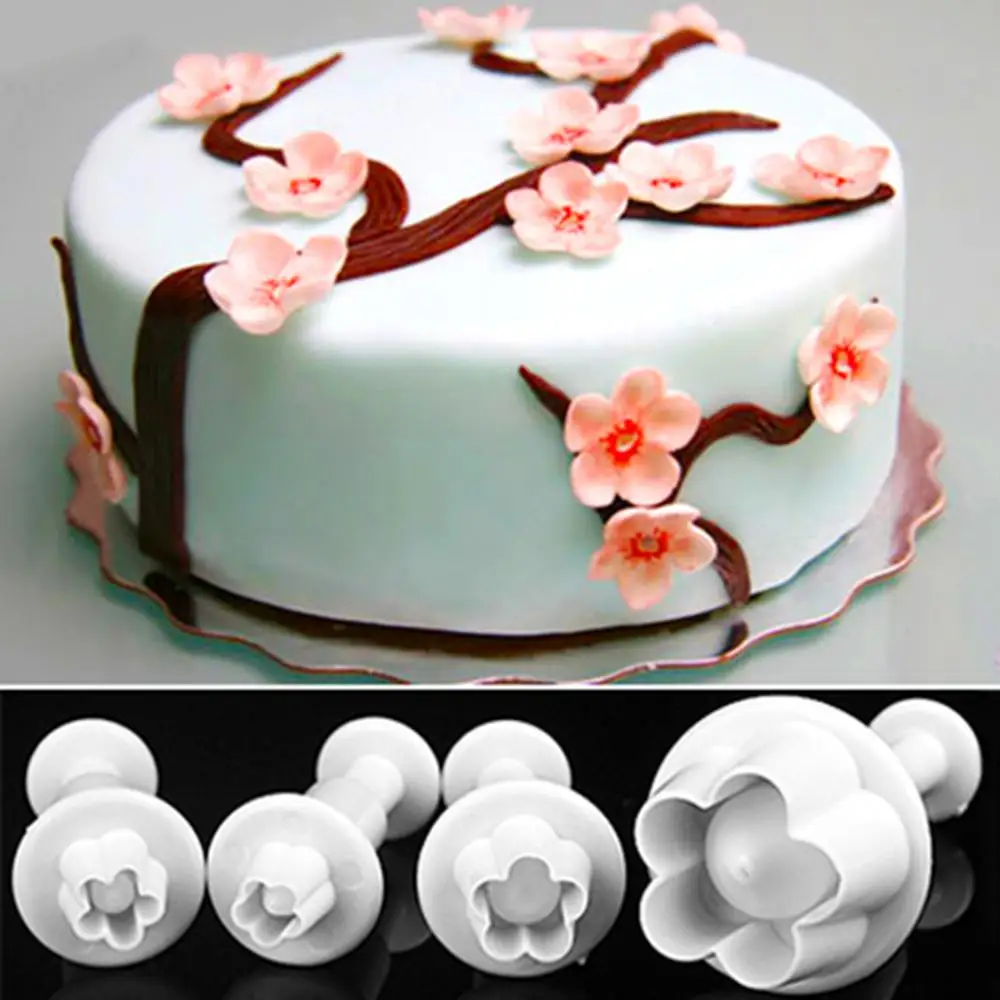 

4Pcs Plum Flower Plunger Fondant Mold Cutter Sugarcraft Cake Cookie Decorating ！