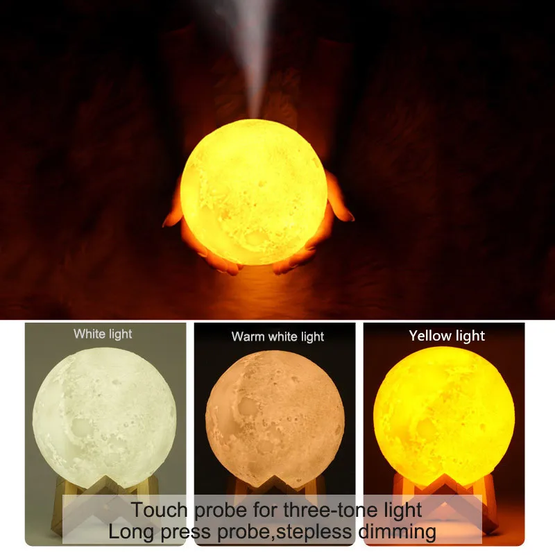 

Rechargeable 3D Print Moon Lamp Humidifier 3 Color Change Touch Switch Bedroom Bookcase Night Light Home Decor Creative Gift