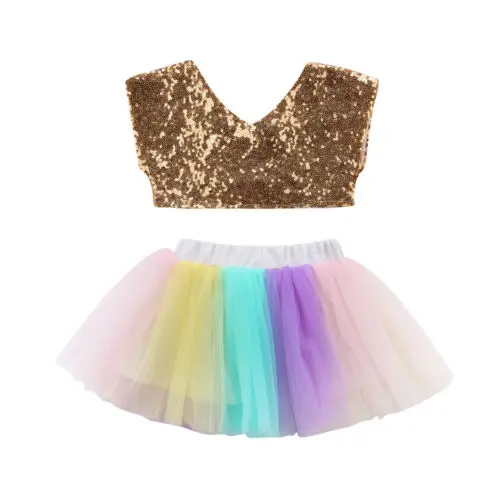 

High-quality Newborn Baby Kid Girl Sequins Sleeveless V-Neck Tops+Tutu Multicolour Skirt Outfit 2Pcs Clothes Summer Size 2-6T