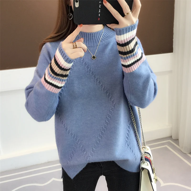 Koop 2019 Verse Truien vrouwen Nieuwe Gekleurde Mouw Half hoge Kraag Tonen Slanke en Lui Wind Gebreide Truien