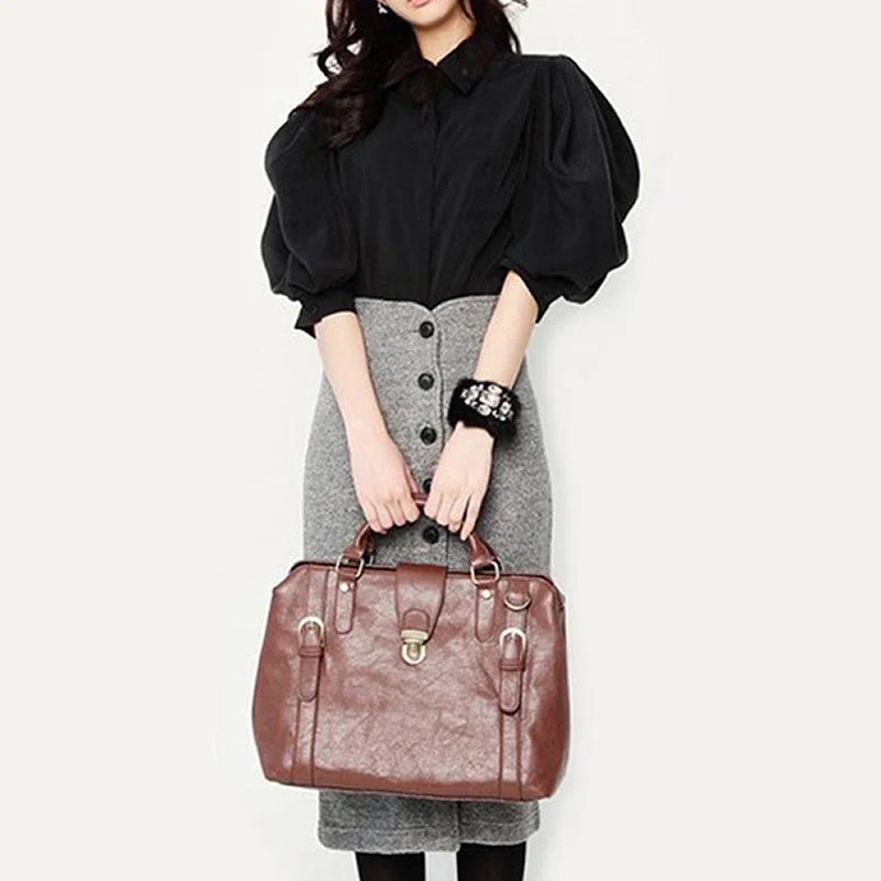 

2018 Winter Vintage Lantern Sleeve Solid Blouse Single Breasted Pencil Midi Skirt Two Piece High Waist Suit Work Dress