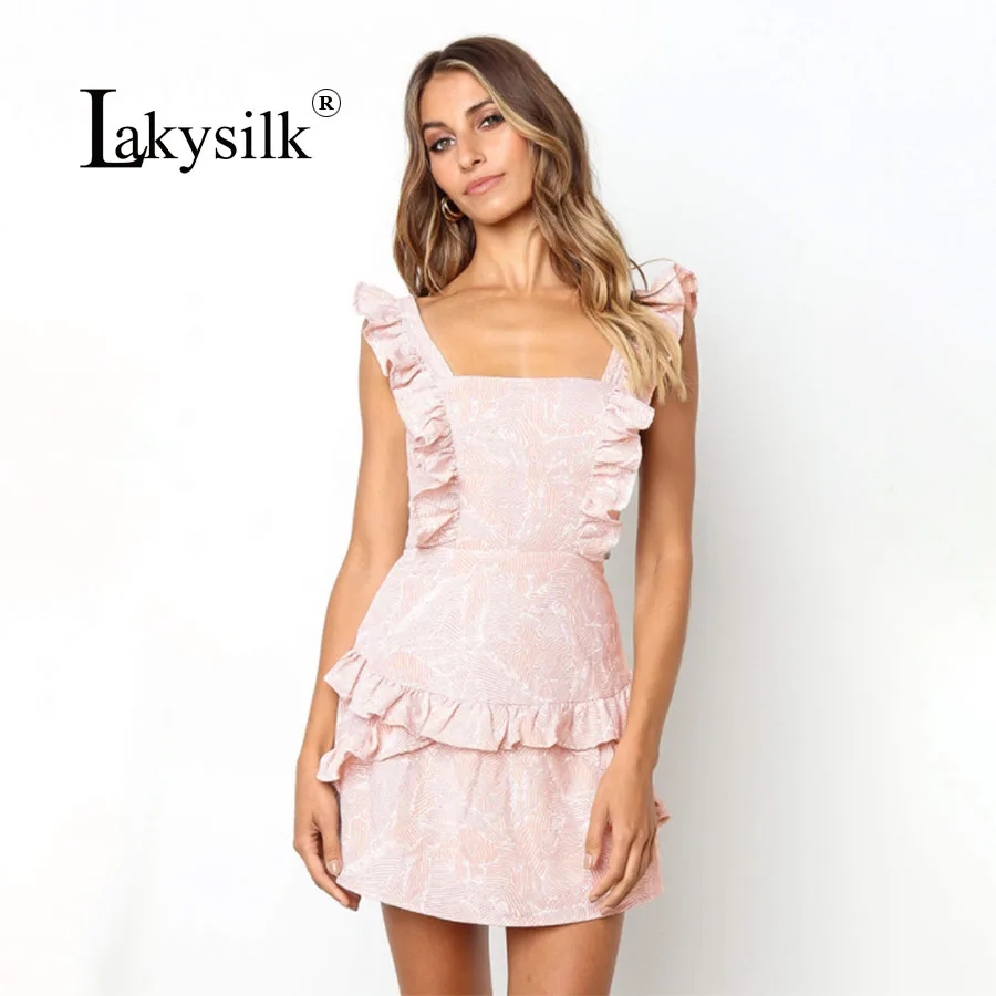 

Sexy Bow Backless Beach Summer Dress Women 2019 Chiffon Sexy Ruffles Casual Dress Office Ladies Pink Sleeveless Vestidos