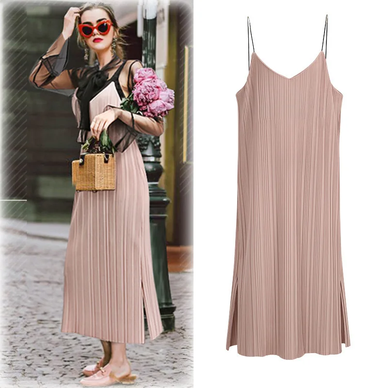 Women Oodji Summer Spaghetti Strap Pleated Dresses Lady Solid Color ...