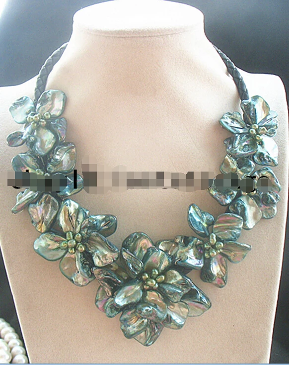

Fast SHIPPING freshwater pearl sea shell flower green 18" necklace AAA