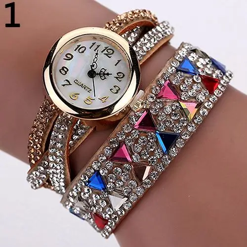 Women Colorful Rhinestones Braid Band Bracelet Quartz Analog Dress