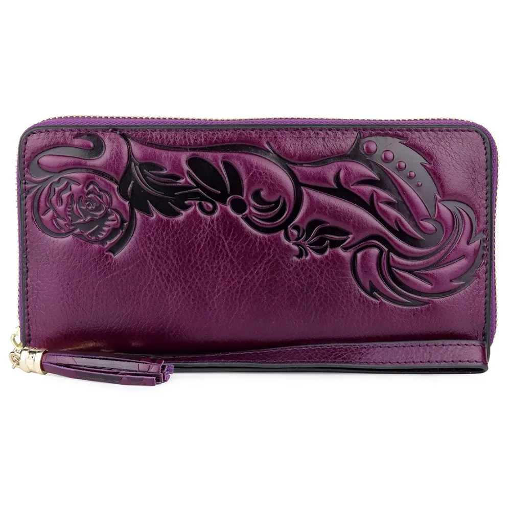 

Luxury Genuine Leather 100% Oil Wax Cowhide Long Women Wallets 2019 New Arrivals Embossed Flower Female Clutch Zipper Coin Purse