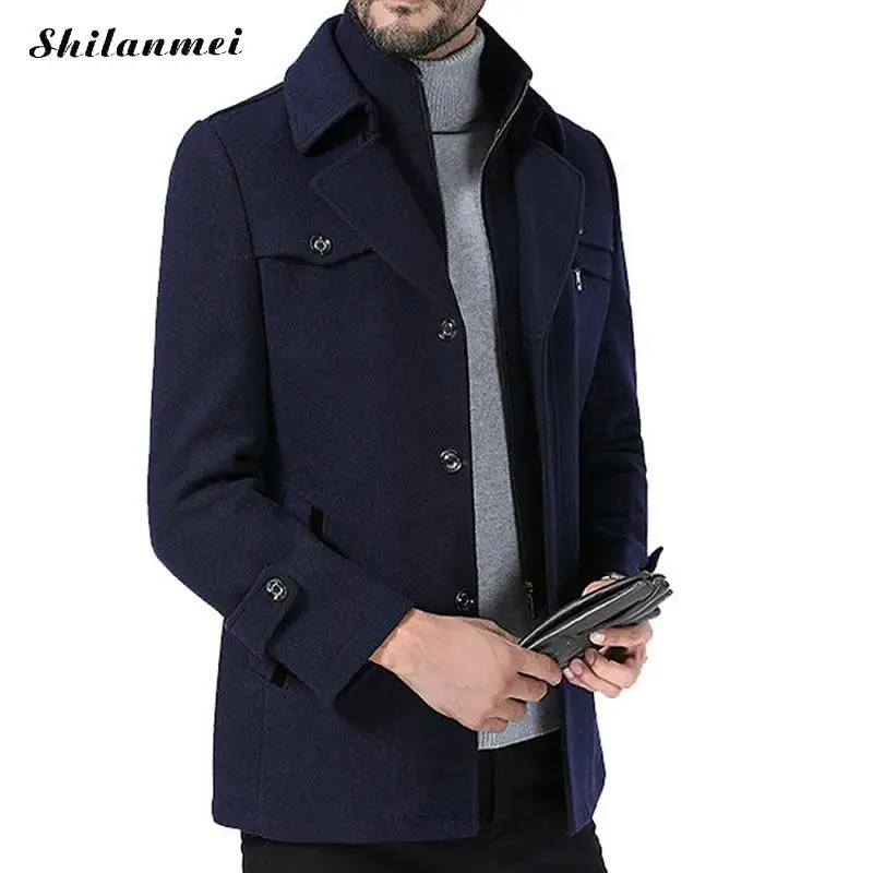 navy blue Мужское зимнее пальто из двух частей, модное деловое однотонное плотное шерстяное пальто, Черная мужская одежда больших размеров 3xl - Цвет: navy blue